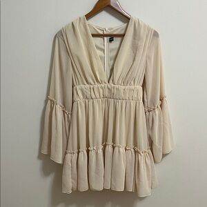 Missord Cream Chiffon Ruffle Tiered Mini Dress Plunging Neck Coquette Flowy XS